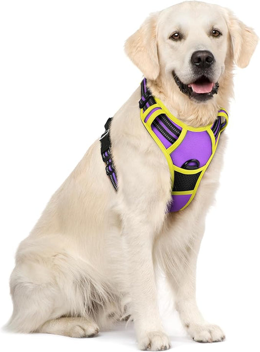 rabbitgoo Dog Harness No Pull with 2 Leash Clips, Adjustable Soft Padded, Reflective Oxford No Choke Pet Vest with Easy Control Handle for Large Dogs, Purple & Yellow, XL rabbitgoo