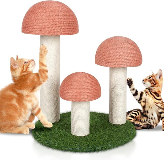 PowerKing Cat Scratching Post, Mushroom Claw Scratching Post for Cat, Natural Sisal Cat Scratchers with 3 Mushroom Pole, Cat Interactive Toys - PAWPICO