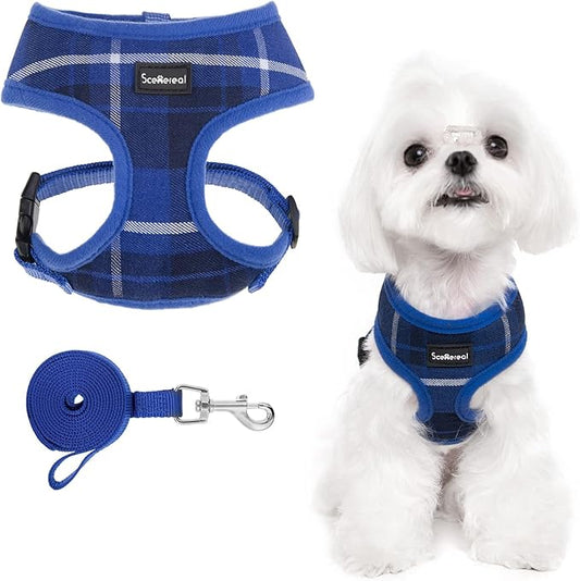 SCENEREAL Puppy Dog Harness with Leash Set for Small Medium Sized Dogs, Soft Mesh Step in Pet Harnesses and Leash, No Chock Plaid Adjustible No Pull Vest for Dogs Cats, Chihuahua,Bulldog (Blue XS) SCENEREAL