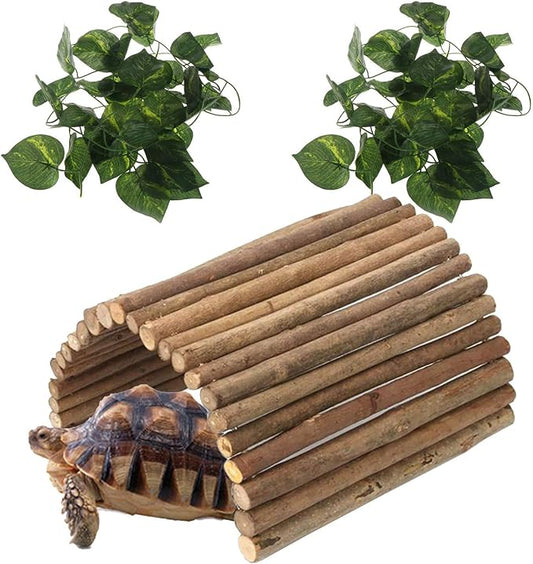 Hamiledyi Extra Large Wooden Reptile Hideout Bearded Dragon Bendy Bridge Climbing Ladder Hiding Hut Reptiles Hide Cave Habitat Decor for Lizards Gecko Spiders Snakes Tortoise(L:20" x 11.8") Hamiledyi