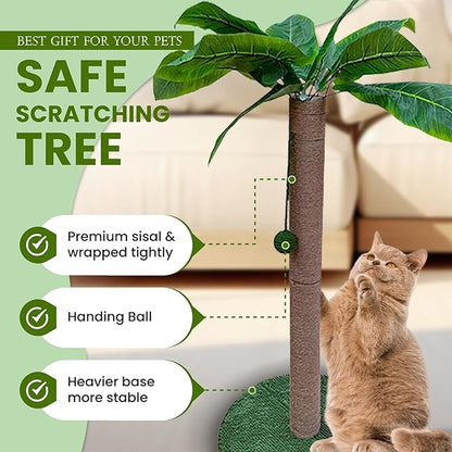 MAMONI Palm Tree Cat Scratching Post for Indoor Cats, 33" Tall Cat Scratching Post with Sisal Rope, Cute Premium Kitten Scratching Post with Hanging Ball - PAWPICO