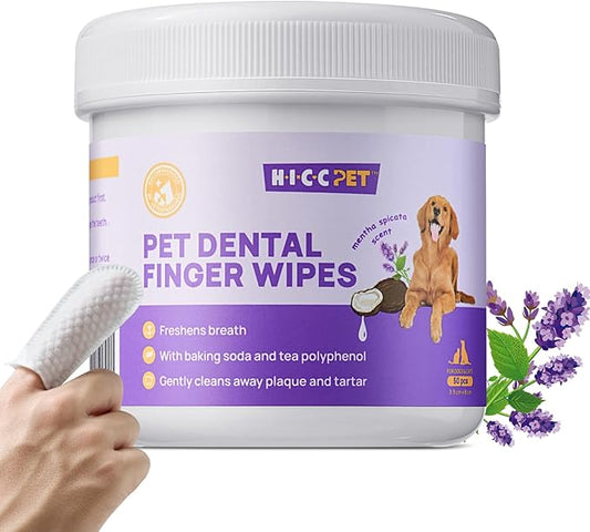 HICC Pet Teeth Cleaning Wipes for Dogs & Cats, Remove Bad Breath by Removing Plaque and Tartar Buildup, Disposable Dog Finger Toothbrush Gentle Pet Dental Care Wipes, 50 Counts, (Mentha Spicata Scent) HICCPET