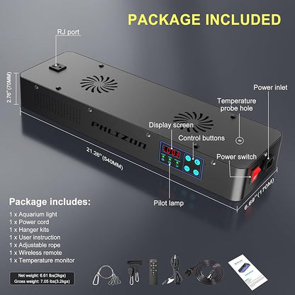 Phlizon Timer Control Dimmable 165W LED Aquarium Light with Temperature Monitor Full Spectrum Fish Tank Light for Grow Coral Reef Marine Fish Tank LPS/SPS Phlizon