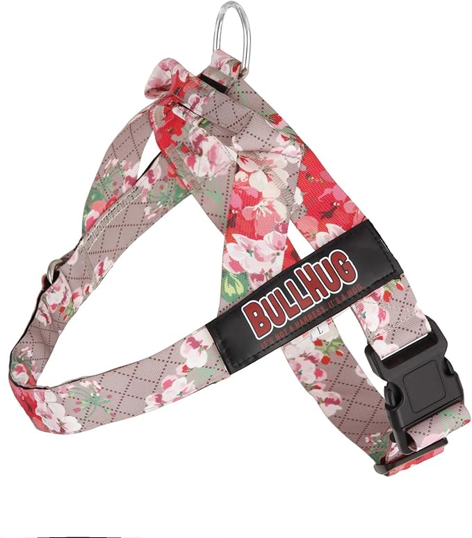 BULLHUG Harness – Made for Larger Chested Dogs Like English Bulldogs, French Bulldogs, Pugs & More. Stops Dogs from Pulling & Choking on Walks (Pink Floral, XL) BULLHUG
