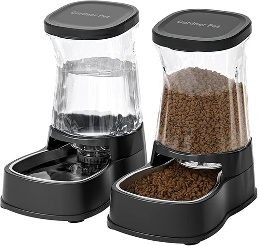 Automatic Pets Gravity Feeder and Water Dispenser Set with Stainless Steel Bowl, 1Gallon x 2 Stable Dog Food Feeder and Waterer, 100% BPA-Free for Small&Medium Dogs, Cats, Puppies(Black) - PAWPICO