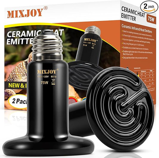 MIXJOY 75W Reptile Heat Lamp 2Pack Ceramic Heat Emitters Reptile Heat Lamp Bulbs, No Light Emitting Ceramic Heat Bulbs for Amphibian Terrarium Reptile Gecko Lizard Bearded Dragon Turtle Chicken Snake MIXJOY