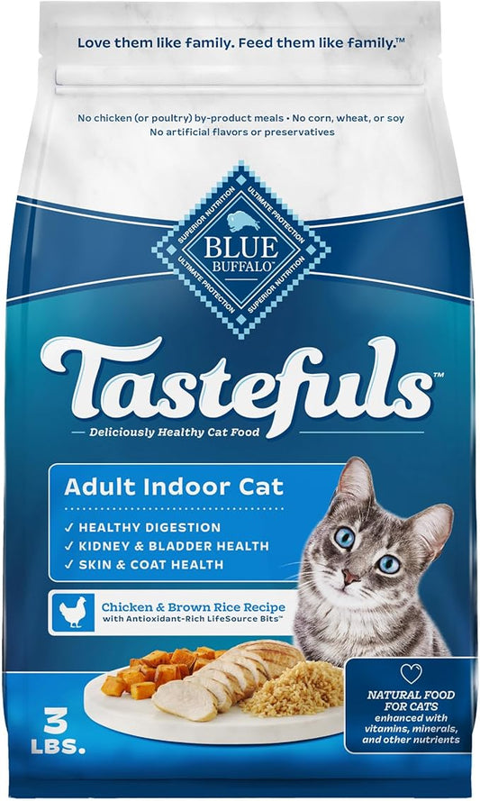 Blue Buffalo Tastefuls Adult Dry Cat Food Indoor Cat Formula, Made in the USA with Natural Ingredients, Chicken & Brown Rice Recipe, 3-lb. Bag - PAWPICO