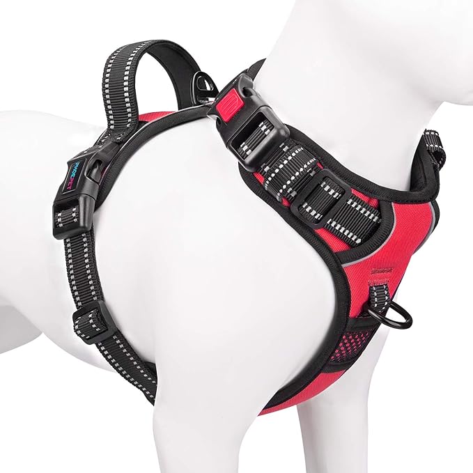 PHOEPET No Pull Dog Harnesses for Small Dogs Reflective Adjustable Front Clip Vest with Handle 2 Metal Rings 3 Buckles [Easy to Put on & Take Off](XS, Red) PHOEPET