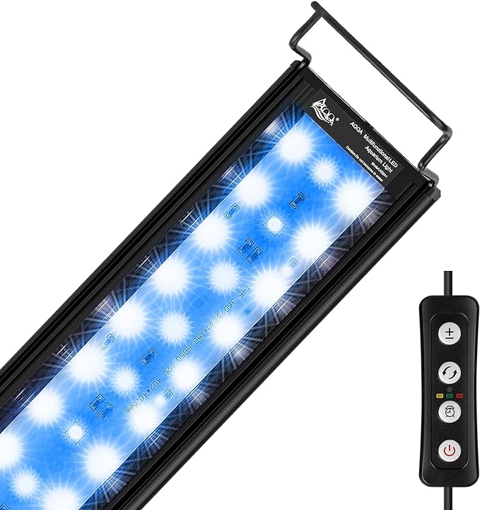 AQQA Aquarium Light with 14 Fish Tank Light Modes Adjustable Brightness Timer 28W LED Aquarium Light for Plants， Aluminum Alloy Shell Extendable Brackets Fit for 12-55 Inch Fish Tank AQQA