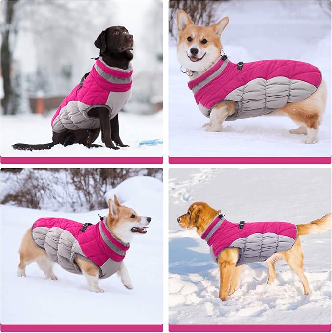 FUAMEY Dog Coat, Medium, Pink, Faux Fur - Waterproof, Windproof, Reflective Cold Weather Coat with Built-in Harness, Fits Dogs 11 lbs and Up - PAWPICO