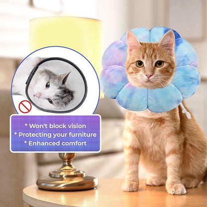 Flower Cat Cone, Uadonile Adjustable Cat Cone Collar, Soft Dog Elizabethan Collar Recovery E Collar After Surgery, Recovery E-Collar for Kittens/Puppies and Cats Recovery(Tie-dye Purple Blue, M) Uadonile