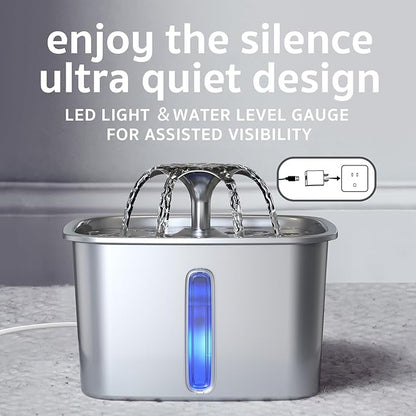 Veken Innovation Award Winner Stainless Steel Cat Water Fountain, 95oz/2.8L Automatic Pet Fountain Dog Water Dispenser with Replacement Filters & Silicone Mat for Cats, Dogs, Multiple Pets (Silver) - PAWPICO