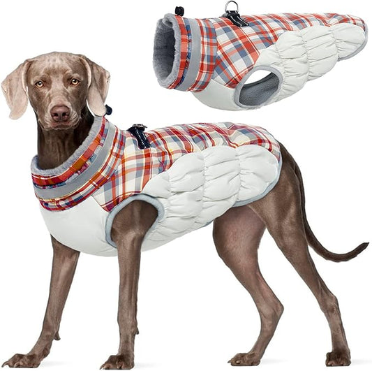 FUAMEY Dog Winter Coat,Dog Jackets with Harness Built in Dog Cold Weather Coats Dog Paded Vest Dog Apparel with Zipper on Back Pet Reflective Clothes for Small Medium Large Dogs Red Plaid XXL - PAWPICO