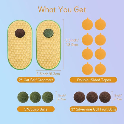 SEVENKA 2 Cat Toys Self-Grooming Cat Brush with 3 Catnip Balls & 3 Gall Fruit, Kitty Kitten Scratcher Self Groomer Catnip Toys for Indoor Cats, Chew Toys Wall Corner Brushes Edible Wall Treats, Yellow - PAWPICO