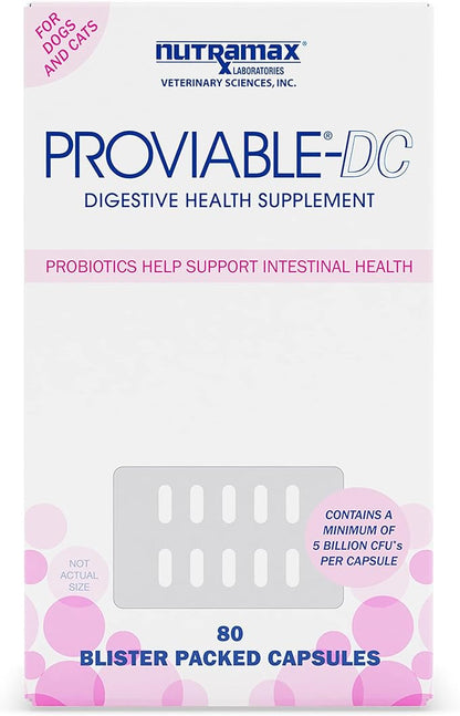 Nutramax Proviable Digestive Health Supplement Multi-Strain Probiotics and Prebiotics for Cats and Dogs - with 7 Strains of Bacteria, 80 Capsules, blue NutramaxLaboratories