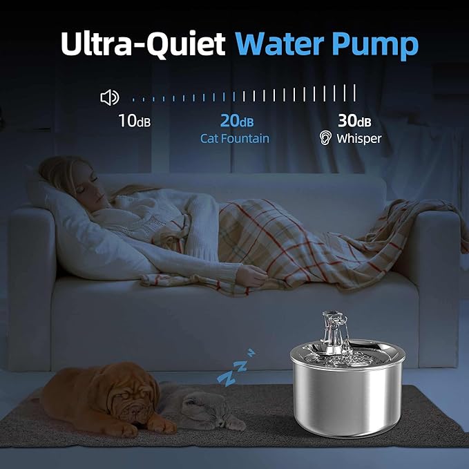 Cat Water Fountain, Stainless Steel Inside Ultra-Quiet Pump, 2L/67oz Automatic Dog Dispenser Water Bowl, Multiple Pets Water Fountain - PAWPICO