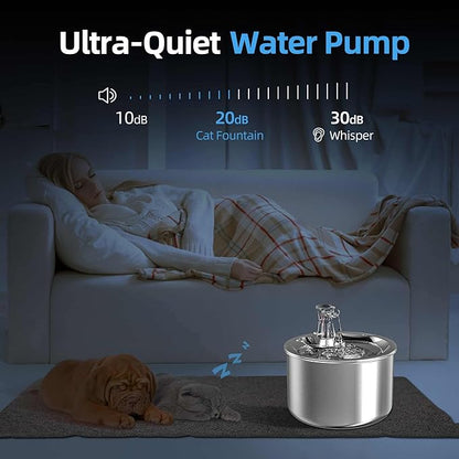 Cat Water Fountain, Stainless Steel Inside Ultra-Quiet Pump, 2L/67oz Automatic Dog Dispenser Water Bowl, Multiple Pets Water Fountain - PAWPICO