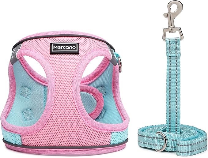 Mercano Soft Mesh Dog Harness and Leash Set, No-Chock Step-in Reflective Breathable Lightweight Easy Walk Escape Proof Vest Harnesses with Safety Buckle for Small Medium Dogs, Cats (M, Pink Blue) PAWPICO