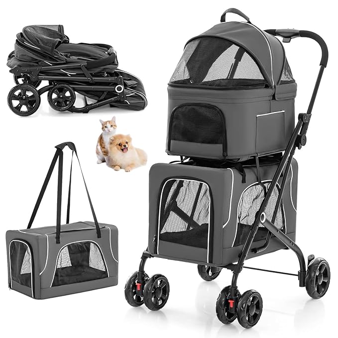 Double Dog Stroller, Foldable 3-in-1 Cat Stroller with 2 Detachable Carriers, Safety Belt, Washable Cover, Removable Pads, 4 Wheels Travel Pet Stroller for Small Medium Dogs (Grey) - PAWPICO