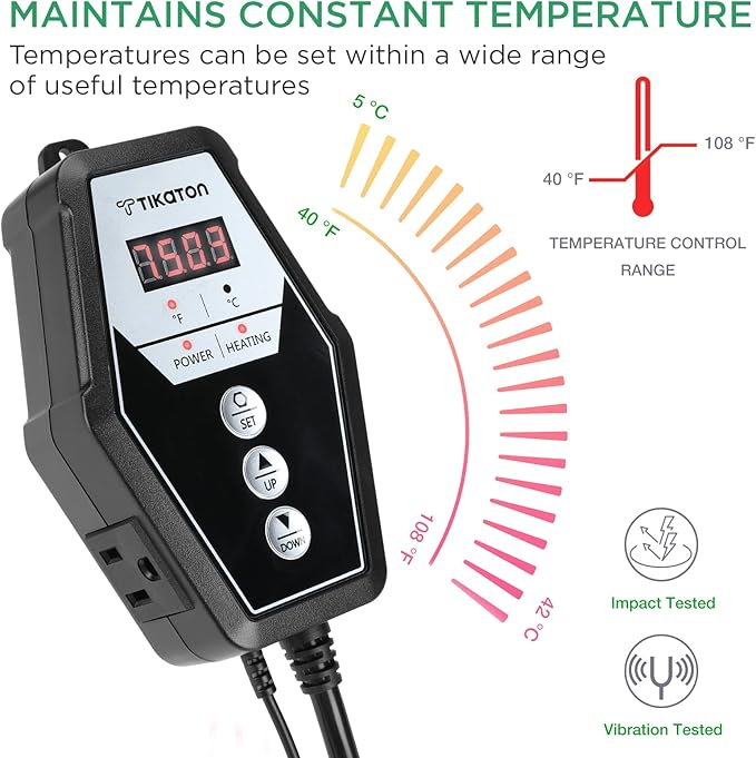Tikaton Reptile Heating Pad and Digital Thermostat Combo Set, Under Tank Heater for 10-20gal/30-40gal Tank, Terrarium Heat Mat for Turtle/Snake/Lizard/Frog/Spider/Plant Box Tikaton