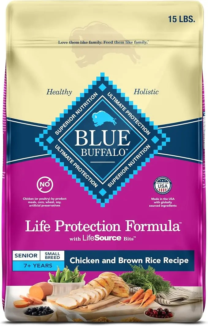 Blue Buffalo Life Protection Formula Small Breed Senior Dry Dog Food, Supports Joint Health and Immunity, Made with Natural Ingredients, Chicken & Brown Rice Recipe, 15-lb. Bag - PAWPICO