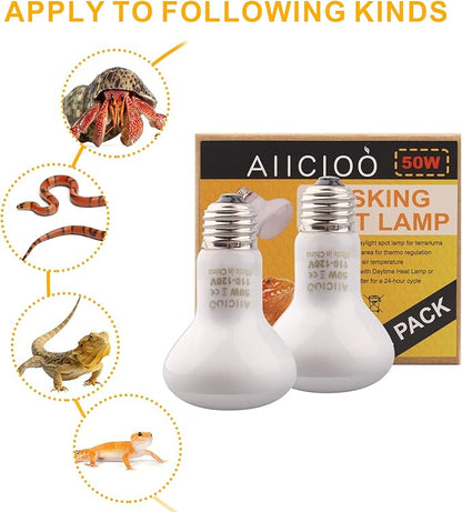 Aiicioo Reptile Basking Light Bulb - 50W Reptile Heat Lamp 2 Pack UVA Daylight Amphibians Basking Bulb for Bearded Dragon Turtle Hermit Crab Gecko Lizard Daylight AIICIOO