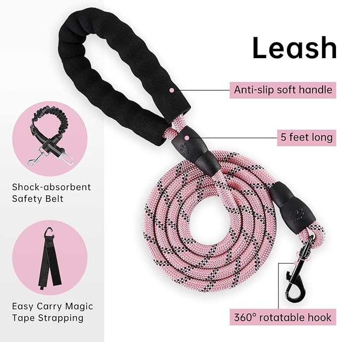 IVY&LANE No Pull Dog Harness for Medium Dogs, Dog Vest Harness with Leash, Safety Belt and Storage Strap, Fully Adjustable Harness, 360° Reflective Strip, Soft Handle (Pink, M) IVYLANE