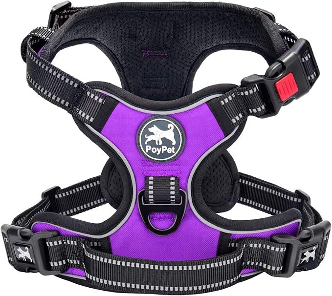 PoyPet No Pull Dog Harness, No Choke Front Lead Dog Reflective Harness, Adjustable Soft Padded Pet Vest with Easy Control Handle for Small to Large Dogs(Purple,S) PoyPet