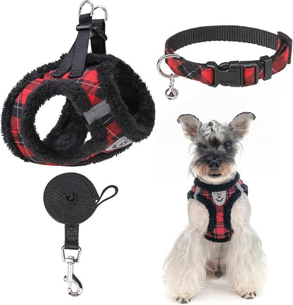 EXPAWLORER Fleece Lined Step-in Dog Harness - Soft Plush Padded Puppy Harness and Leash Set with Adjustable Dog Collar, No Pull Escape Proof Suede Dog Vest Harness for Small Dogs, Red & Black S EXPAWLORER