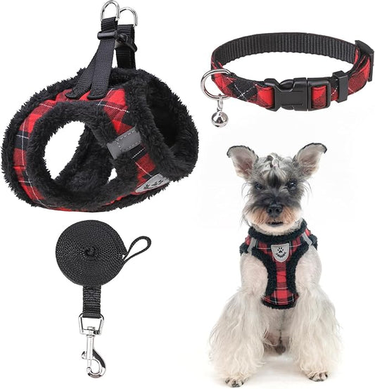 EXPAWLORER Fleece Lined Step-in Dog Harness - Soft Plush Padded Puppy Harness and Leash Set with Adjustable Dog Collar, No Pull Escape Proof Suede Dog Vest Harness for Small Dogs, Red & Black S EXPAWLORER