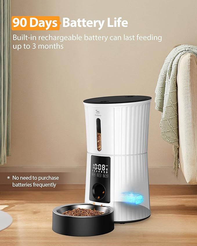 Petory Automatic Cat Feeders - 4L Timed Cat Feeders for Dry Food Built-in Battery up to 6 Meals with Desiccant Bag Support Dual Power 10S Recorder - PAWPICO