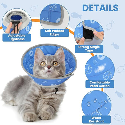 Cat Cone Collar Soft, Cat Cones to Stop Licking, Adjustable Cat Cone Water Resistant, Foldable, Adjustable, Lightweight (Blue Fish, Medium) IDOGCHEW