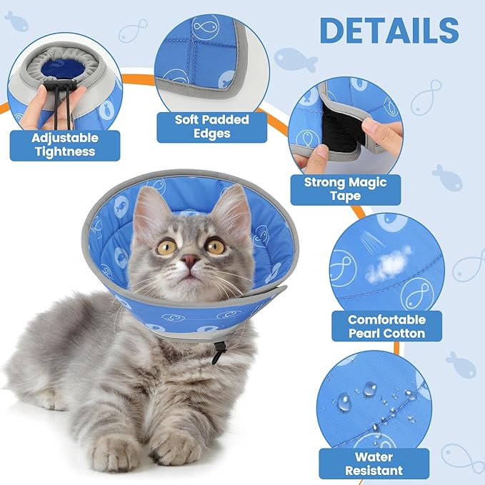 Cat Cone Collar Soft, Cat Cones to Stop Licking, Adjustable Cat Cone Water Resistant, Foldable, Adjustable, Lightweight (Blue Fish, Small) IDOGCHEW