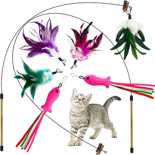 Cat Wand Toy, Cat Feather Toys with Silvervine & Bells, 2 * Cat Teaser Wand & 6 * Teaser Refills, Extra Long 38.5" Wire Cat Wand, Cat Toy for Indoor Cats & Kitten & Kitty - PAWPICO