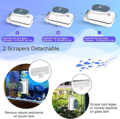 AQQA Aquarium Strong Magnetic Cleaner Brush, Fish Tank Glass Algae Magnet Cleaning Tool Floating Cleaner Scrubber Brush with 2 Detachable Scraper (Blue,L) AQQA