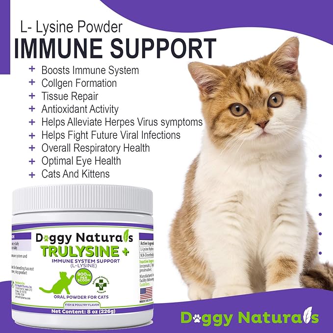 Trulysine Plus L-Lysine for Cats Immune Support Oral Powder 8oz/226g - Cats & Kittens of All Age, Sneezing, Runny Nose Squinting, Watery Eyes-Fish & Poultry Flavor (U.S.A)(225 Grams (900mg / Scoop)) Pet+Health+Pharma