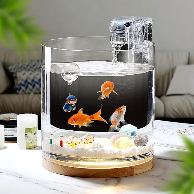 Aquarium Starter Kits 0.81-Gallon Fish Tank（6 inches） for Beginner Cylindrical Betta Fish Bowl with Wooden Base LED Light Water Pump Accessories Self-Cleaning Filter Copyright Patent PAWPICO