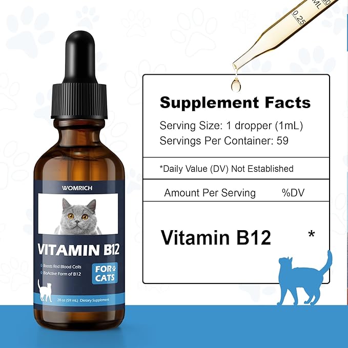 Vitamin B12 for Cats | Methylcobalamin Supplement | Boosts Red Blood Cell Formation, Energy, Nervous System & Appetite, Treats Pancreatitis | 2 fl oz Dropper WOMRICH