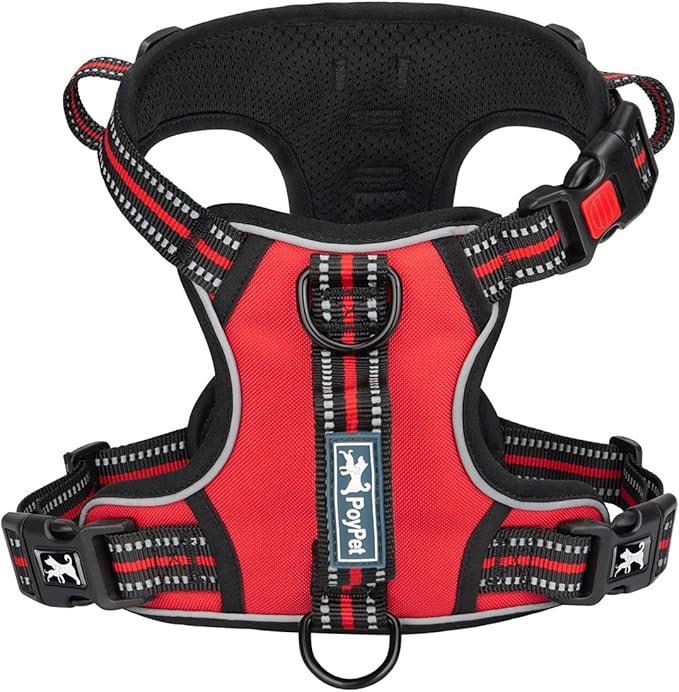 PoyPet No Pull Dog Harness, No Choke Front Clip Reflective Dog Vest with Soft Padded Vertical Handle, 3 Leash Attachments for Small Medium Large Dogs (Red,XL) PoyPet
