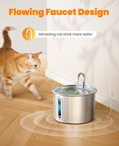 oneisall Stainless Steel Cat Water Fountain, 2L Water Fountains for Cats Indoor with Quiet Pump and 3 Replacement Filters, Pet Water Fountain Faucet Spout Design Cat Fountain Drinking Inside, PWF 001 - PAWPICO