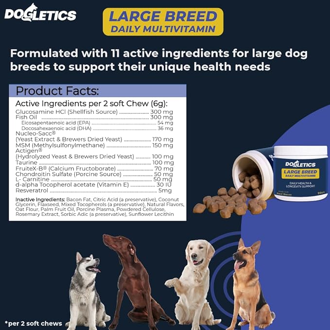 Large Breed Daily Multivitamin - Formulated for Large Dogs & Their Unique Health Needs, 90ct Delicious Bacon Flavor Dogletics