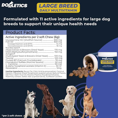 Large Breed Daily Multivitamin - Formulated for Large Dogs & Their Unique Health Needs, 90ct Delicious Bacon Flavor Dogletics