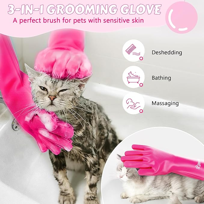 Pecute Pet Grooming Gloves - Heat Resistant Silicone Gloves with High-Density Teeth and Enhanced Five Finger Design for Bathing and Massaging Dogs and Cats (Pink) - PAWPICO