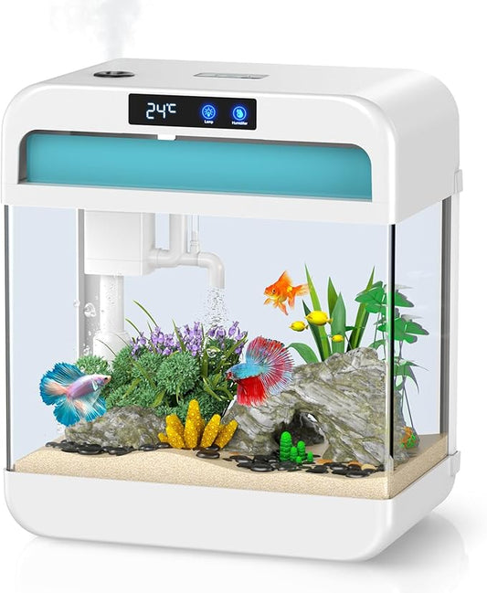 Fish Tank Aquarium 2.2 Gallon Fish Bowl with Humidifier 7 Color Auto-Looping Light 3 in 1 Quiet Pump with Filteration & Oxygenation & Circulation, Temperature Display, HD Float Glass, Thickened Base Focusonhomelifeandhealth