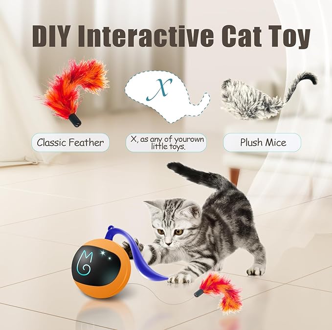 Migipaws Interactive Cat Ball Toy Set, Fun Tracker, Automatic Rolling Chase Ball with Fluffy Tail, A Small Mice, Rechargeable（Orange） - PAWPICO