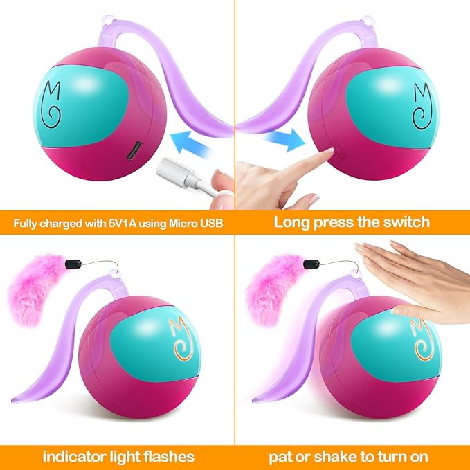 Migipaws Interactive Cat Ball Toy Set, Fun Tracker, Automatic Rolling Chase Ball with Fluffy Tail, A Small Mice, Rechargeable（Rose） - PAWPICO