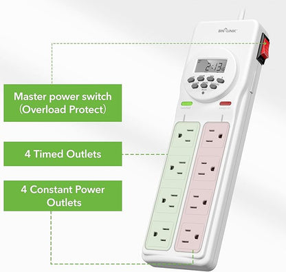 BN-LINK 8 Outlet Surge Protector with 7-Day Digital Timer (4 Outlets Timed, 4 Outlets Always On) - White BN-LINK