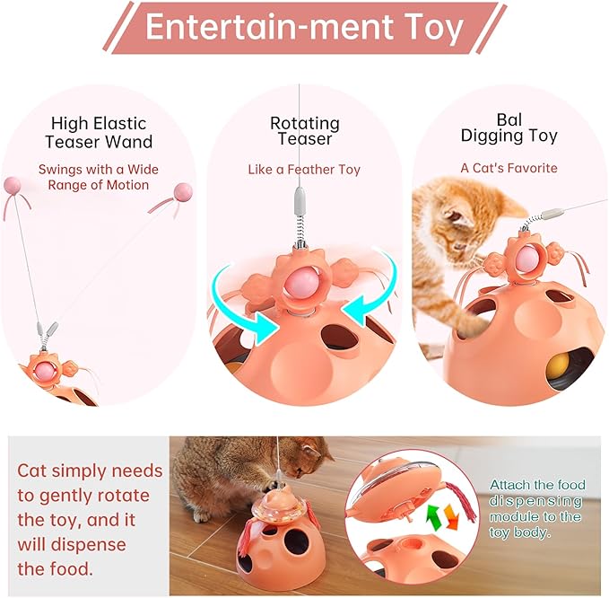 Interactive cat Toys for Indoor Cats, 4 in 1 cat self Moving Toy,Kitten Wand Toy, Spinning Toy, Slow Food Dispenser Feeder Treat Dispensing Feeding pet Supplies Gift (Yellow) - PAWPICO
