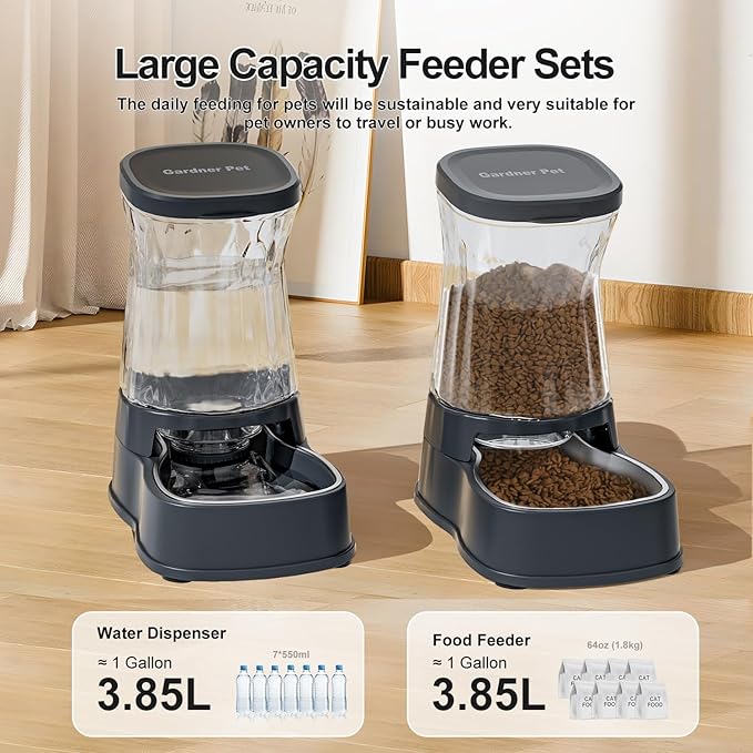 Gardner Pet Automatic Dog Water Dispenser Gravity Stainless Steel Waterer & Food Feeder Set, 100% BPA Free Large Capacity Feeding Bowls for Medium & Large-Sized Dogs Cats Other Pets -(1 Gallon x2) - PAWPICO