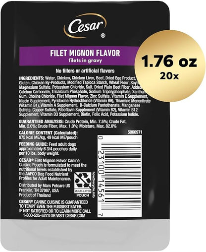 Cesar Filets in Gravy Wet Dog Food Filet Mignon Flavor, 1.76 oz. Mini-Pouch, 20 Pack - PAWPICO